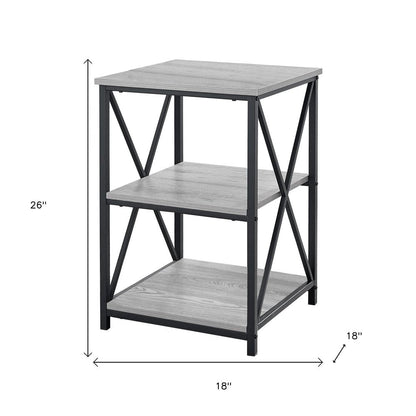 26" Gray And Black Wood And Iron End Table With Two Shelves