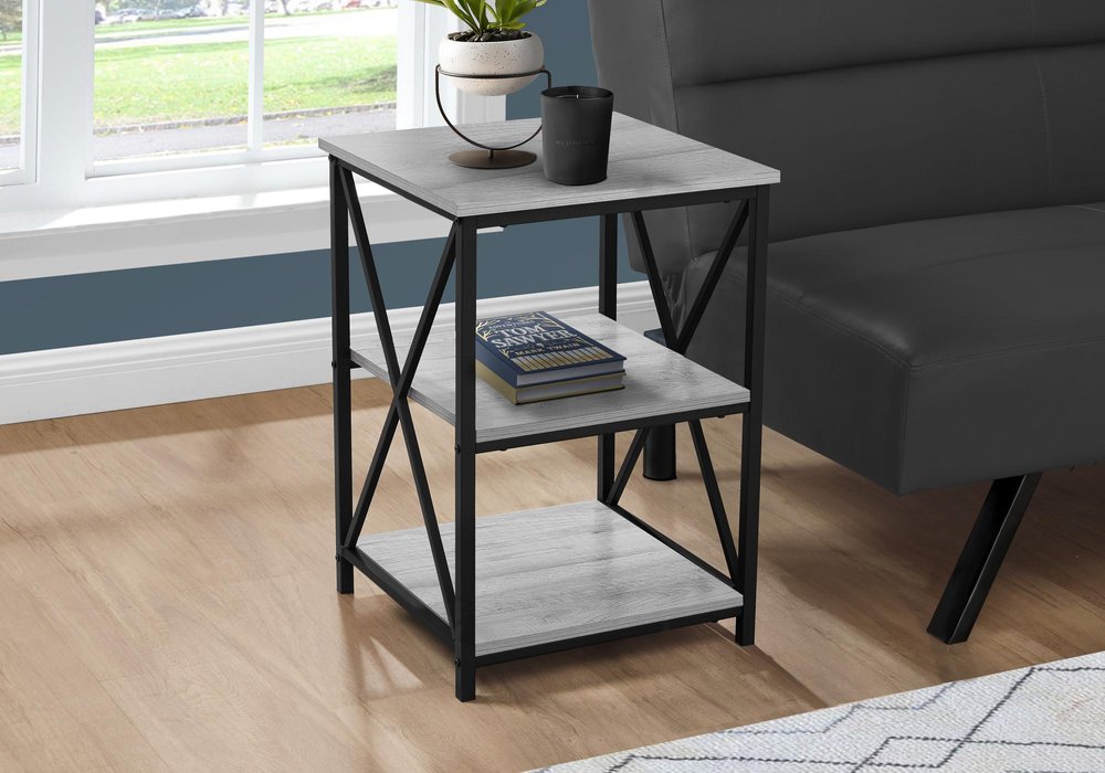 26" Gray And Black Wood And Iron End Table With Two Shelves — view 8