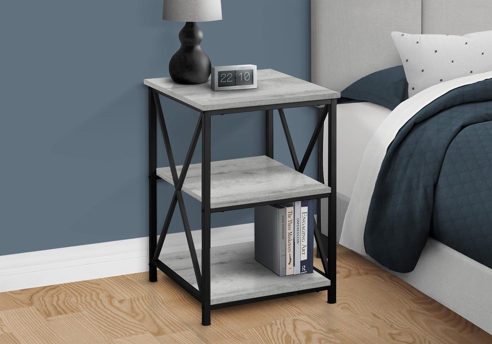 26" Gray And Black Wood And Iron End Table With Two Shelves — view 9