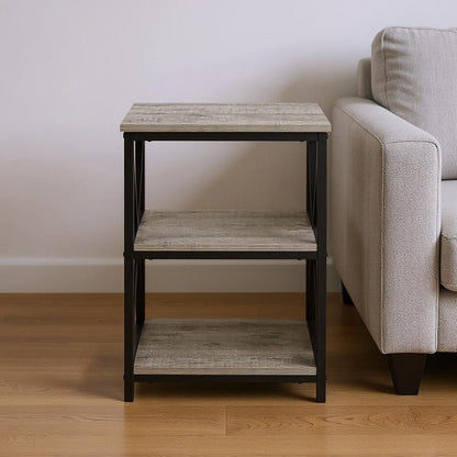 26" Gray And Black Wood And Iron End Table With Two Shelves