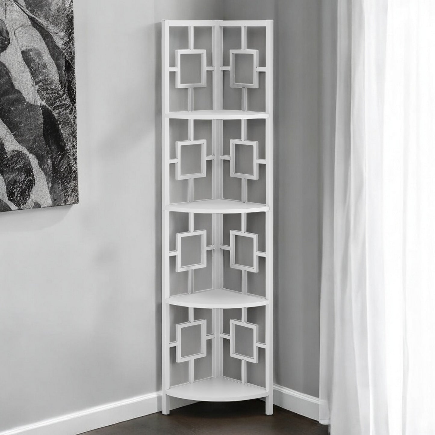 62" White Metal Corner Bookcase