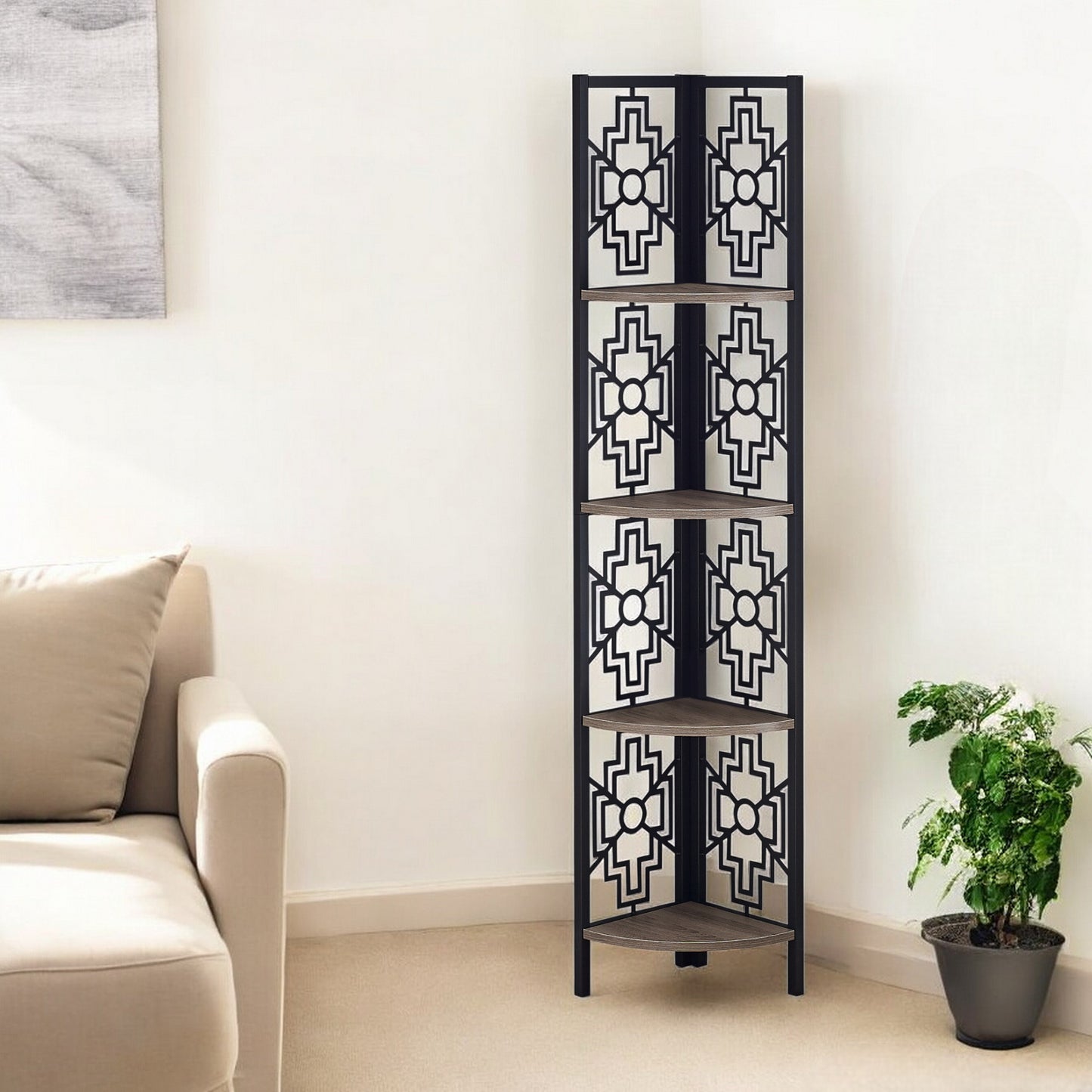 Taupe Metal Four Tier Corner Bookcase