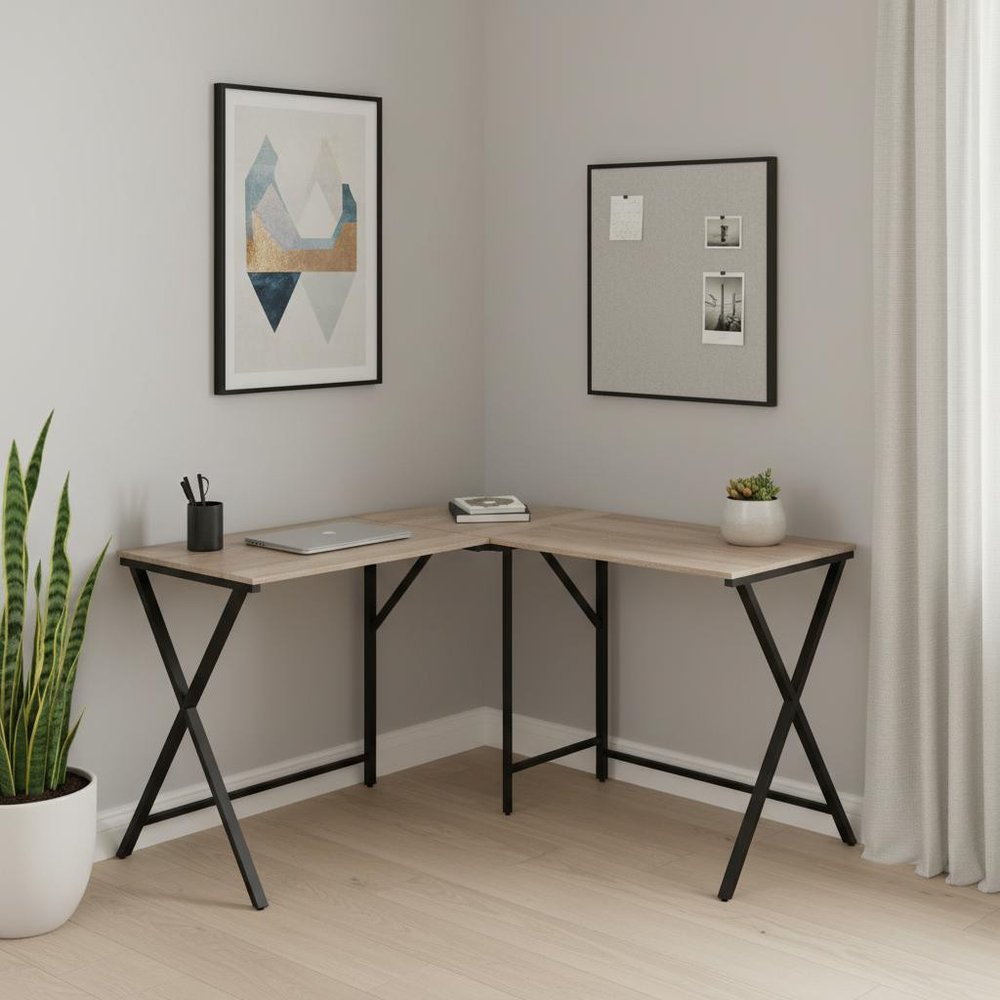 55" Taupe and Black L Shape Computer Desk HomeRoots