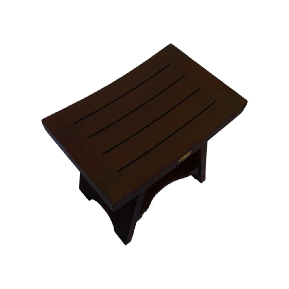 Compact Curviliniear Teak Shower Outdoor Bench With Shelf In Brown Finish HomeRoots