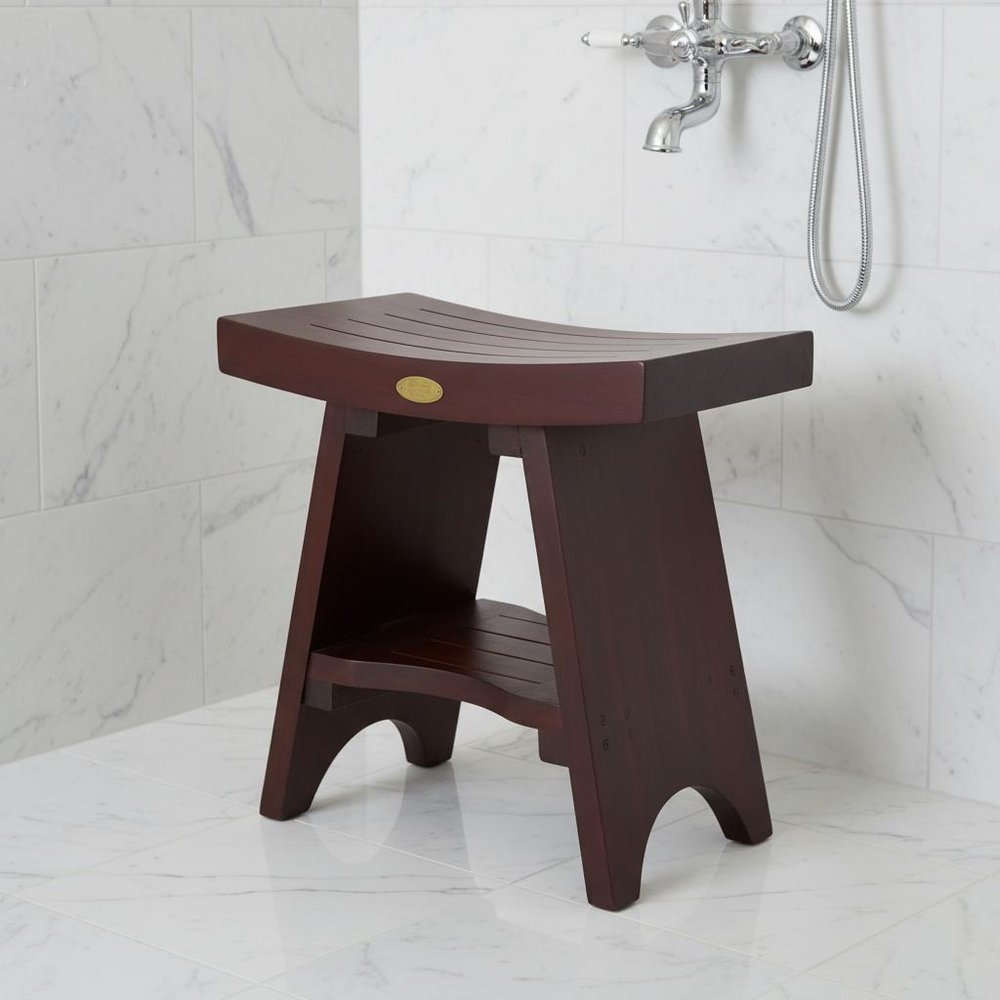 Compact Curviliniear Teak Shower Outdoor Bench With Shelf In Brown Finish HomeRoots