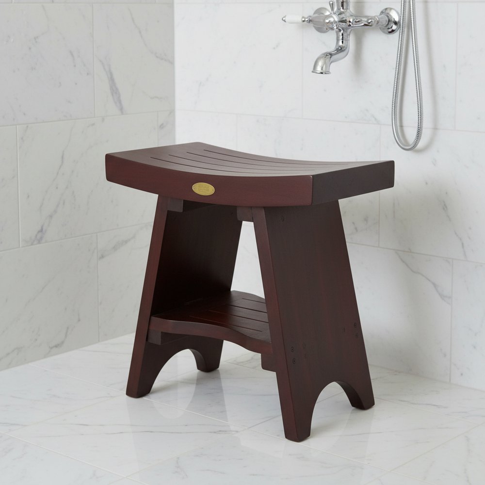 Compact Curviliniear Teak Shower Outdoor Bench With Shelf In Brown Finish HomeRoots