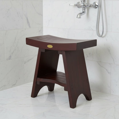 Compact Curviliniear Teak Shower Outdoor Bench With Shelf In Brown Finish HomeRoots