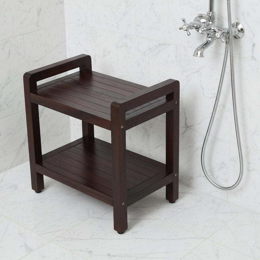 Rectangular Teak Shower Bench With Handles In Brown Finish HomeRoots