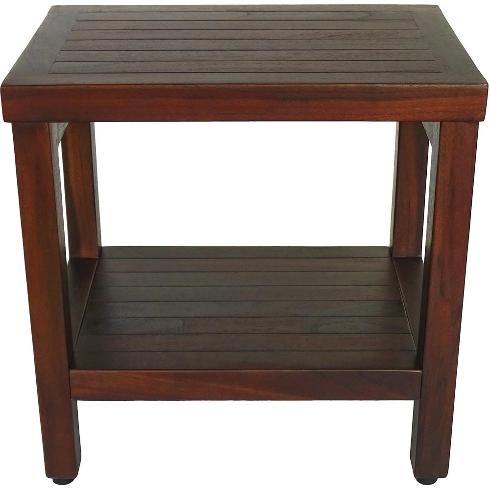 Compact Rectangular Teak Shower Or Outdoor Bench With Shelf In Brown Finish HomeRoots