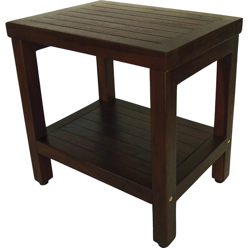 Compact Rectangular Teak Shower Or Outdoor Bench With Shelf In Brown Finish HomeRoots