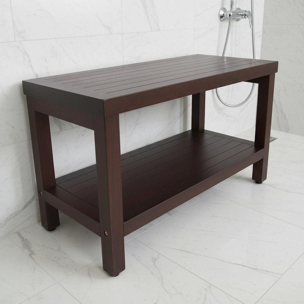 Rectangular Teak Shower Stool Or Bench With Shelf In Brown Finish HomeRoots