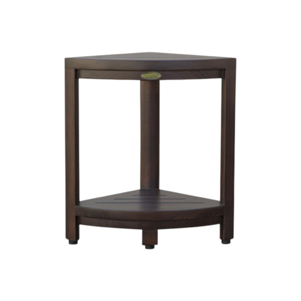 Compact Triangular Teak Shower Outdoor Bench With Shelf In Brown Finish HomeRoots