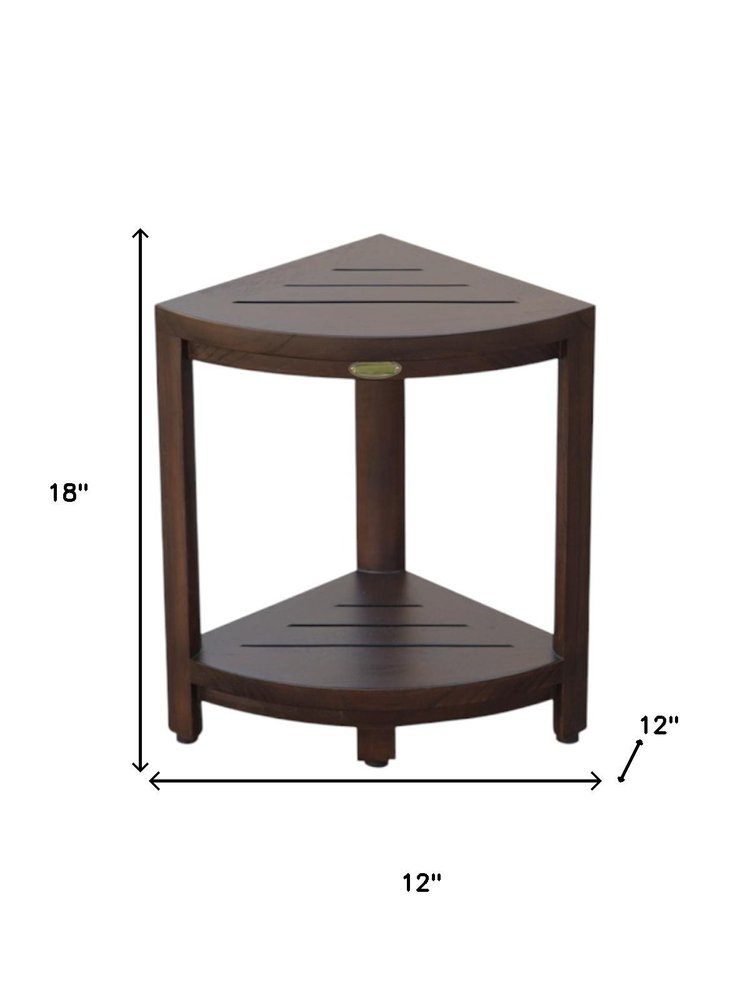 Compact Triangular Teak Shower Outdoor Bench With Shelf In Brown Finish HomeRoots