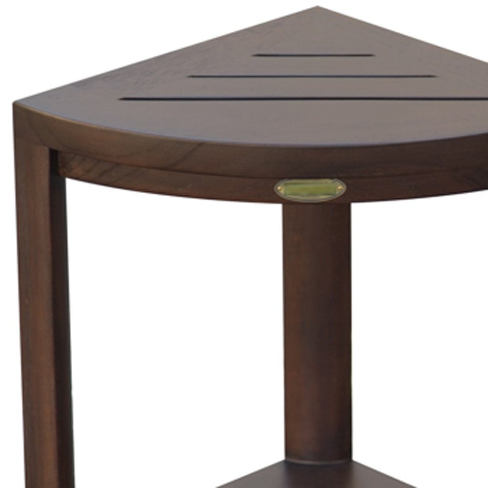 Compact Triangular Teak Shower Outdoor Bench With Shelf In Brown Finish HomeRoots