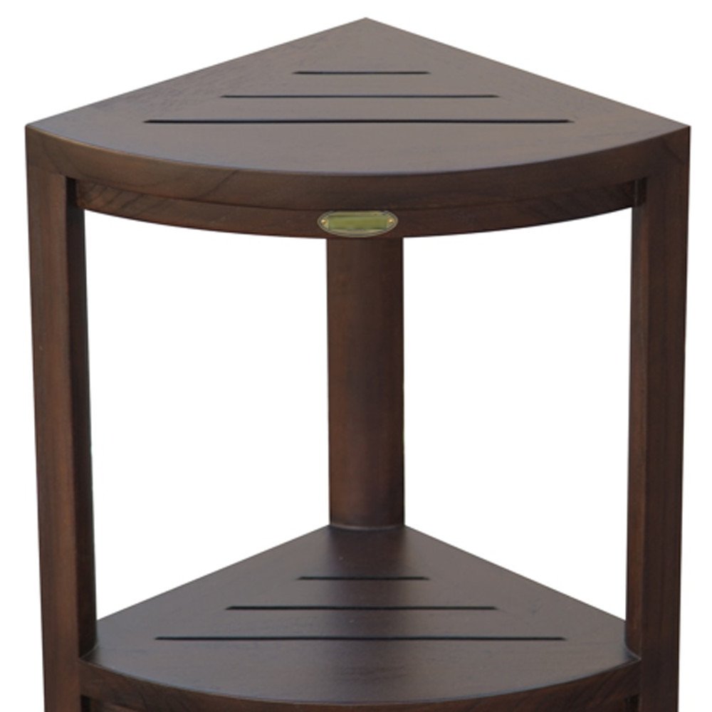 Compact Triangular Teak Shower Outdoor Bench With Shelf In Brown Finish HomeRoots