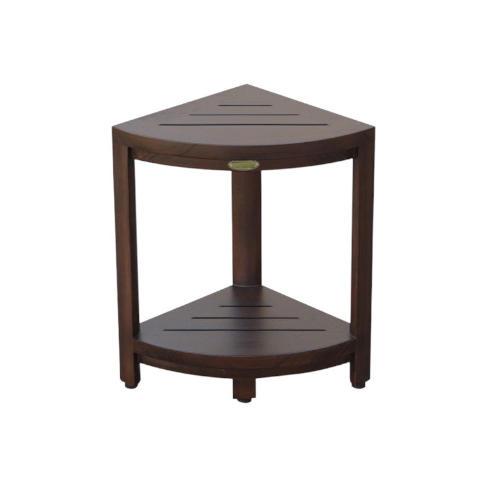 Compact Triangular Teak Shower Outdoor Bench With Shelf In Brown Finish HomeRoots
