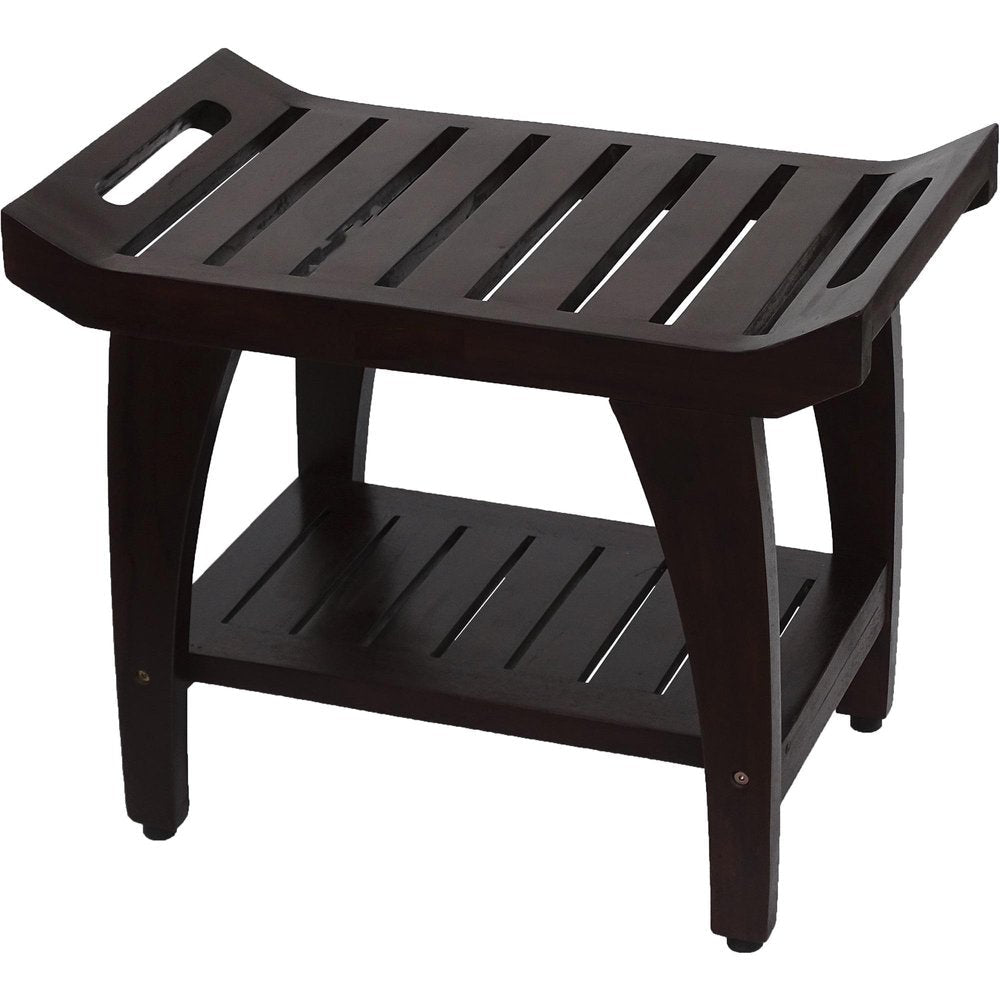 Contemporary Teak Shower Bench With Shelf And Handles In Brown Finish HomeRoots