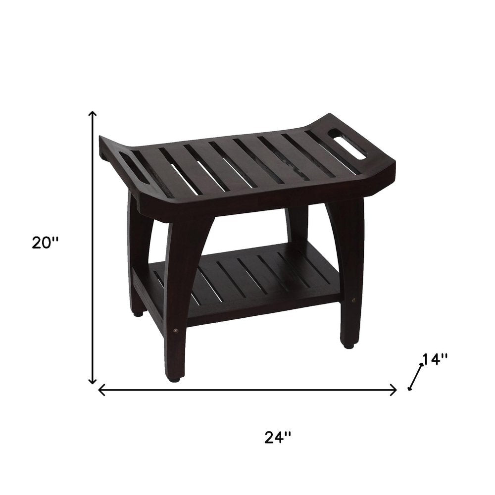 Contemporary Teak Shower Bench With Shelf And Handles In Brown Finish HomeRoots