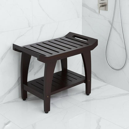 Contemporary Teak Shower Bench With Shelf And Handles In Brown Finish HomeRoots