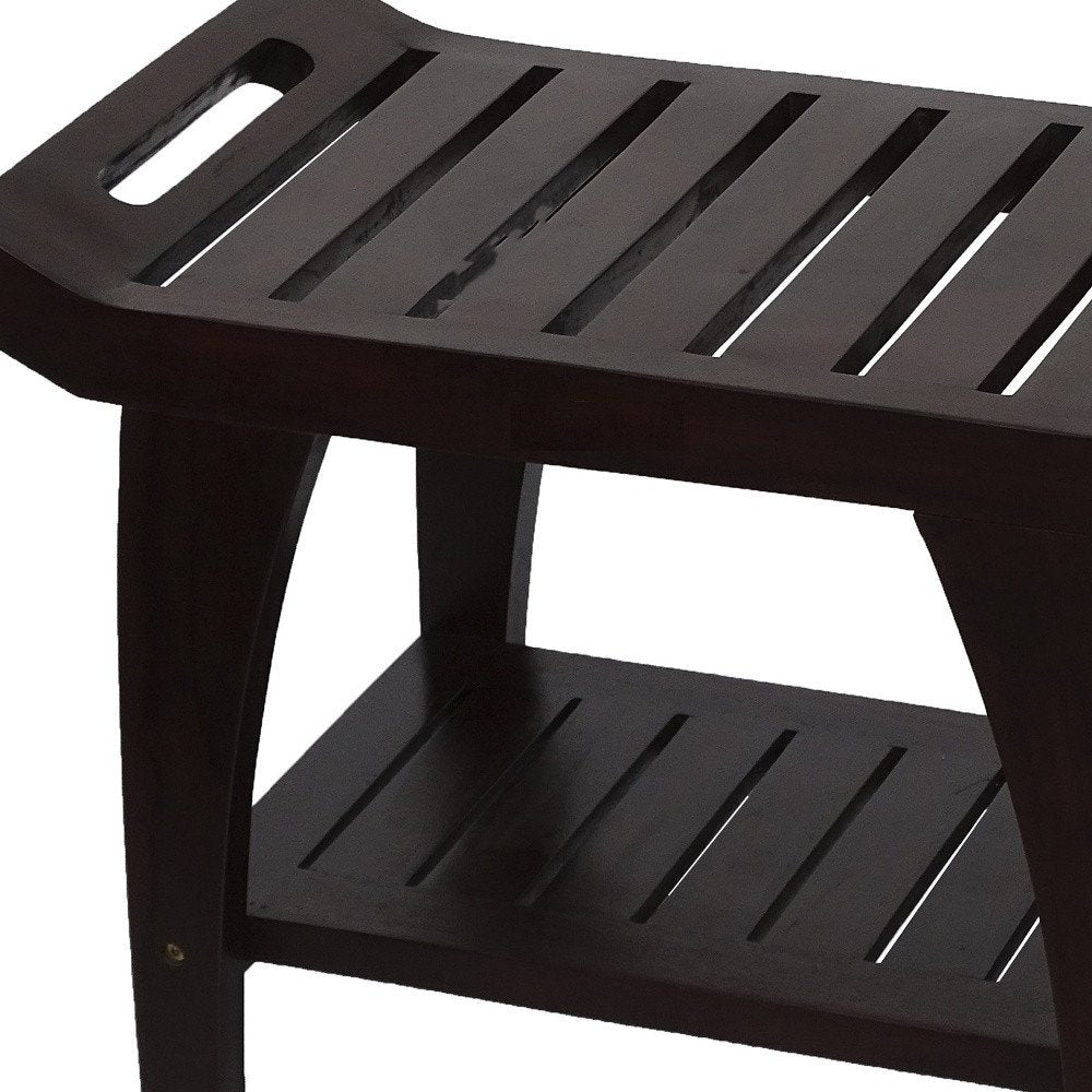 Contemporary Teak Shower Bench With Shelf And Handles In Brown Finish HomeRoots