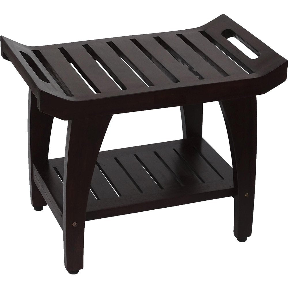 Contemporary Teak Shower Bench With Shelf And Handles In Brown Finish HomeRoots