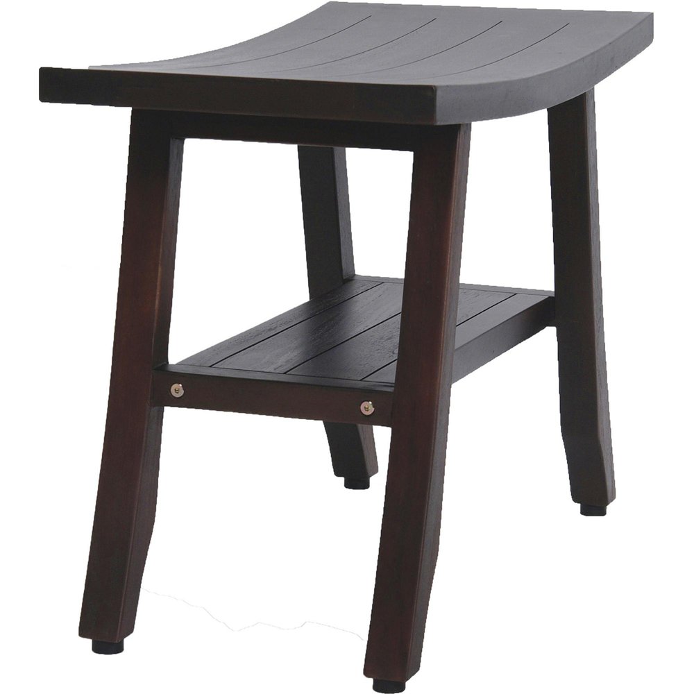 24" Dark Brown Teak Shower Bench With Shelf HomeRoots