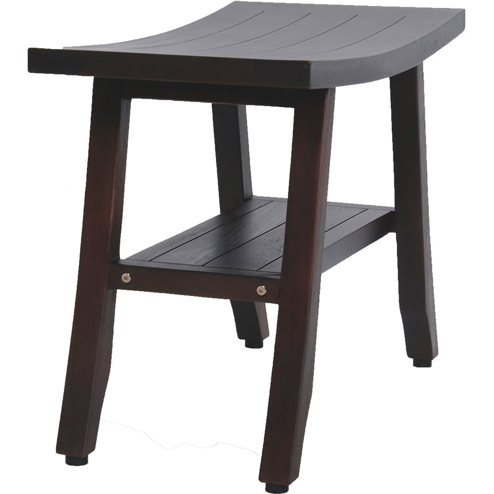 24" Dark Brown Teak Shower Bench With Shelf HomeRoots