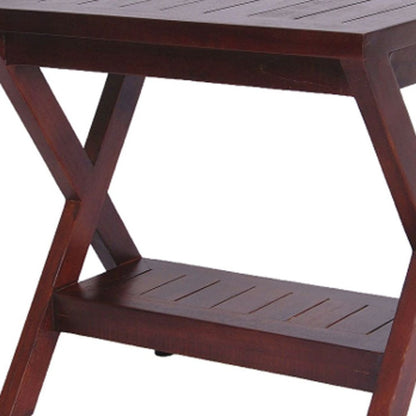 Compact X Shape Teak Shower Outdoor Bench With Shelf In Brown Finish HomeRoots