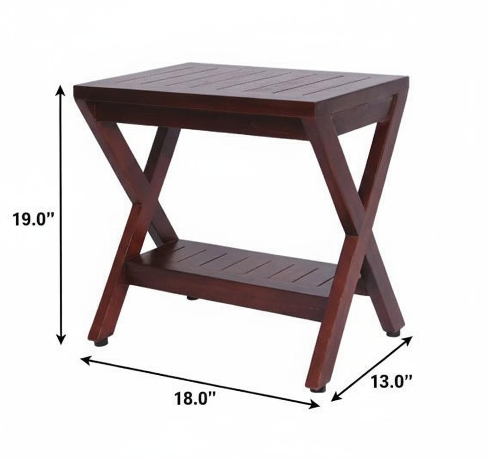 Compact X Shape Teak Shower Outdoor Bench With Shelf In Brown Finish HomeRoots