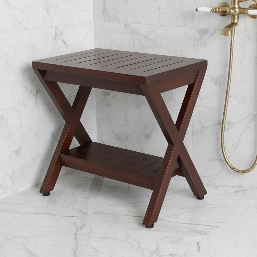 Compact X Shape Teak Shower Outdoor Bench With Shelf In Brown Finish HomeRoots