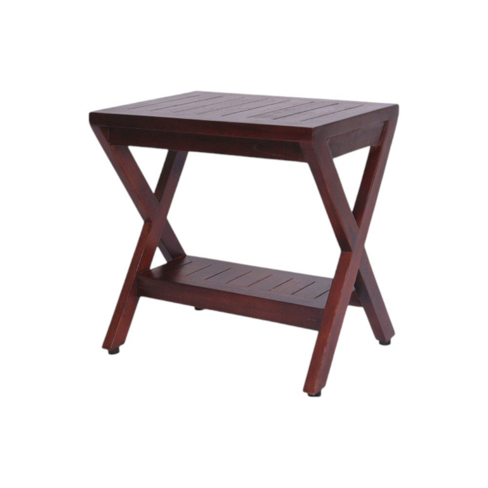 Compact X Shape Teak Shower Outdoor Bench With Shelf In Brown Finish HomeRoots