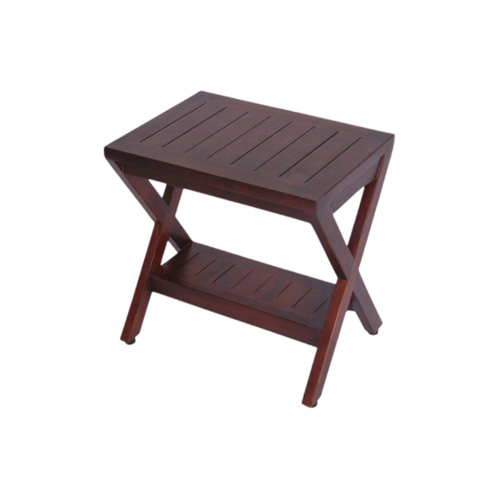 Compact X Shape Teak Shower Outdoor Bench With Shelf In Brown Finish HomeRoots
