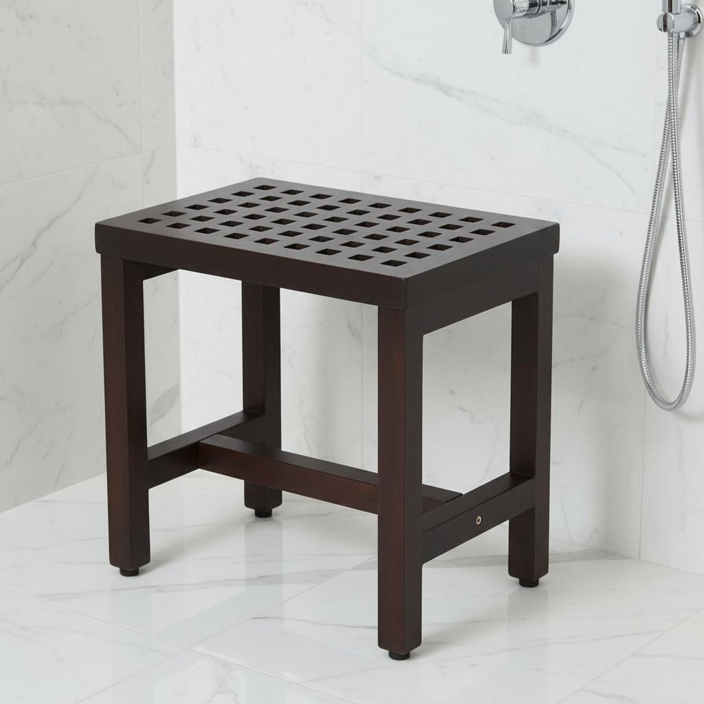 Compact Rectangular Teak Lattice Pattern Shower Or Outdoor Bench In Brown Finish HomeRoots