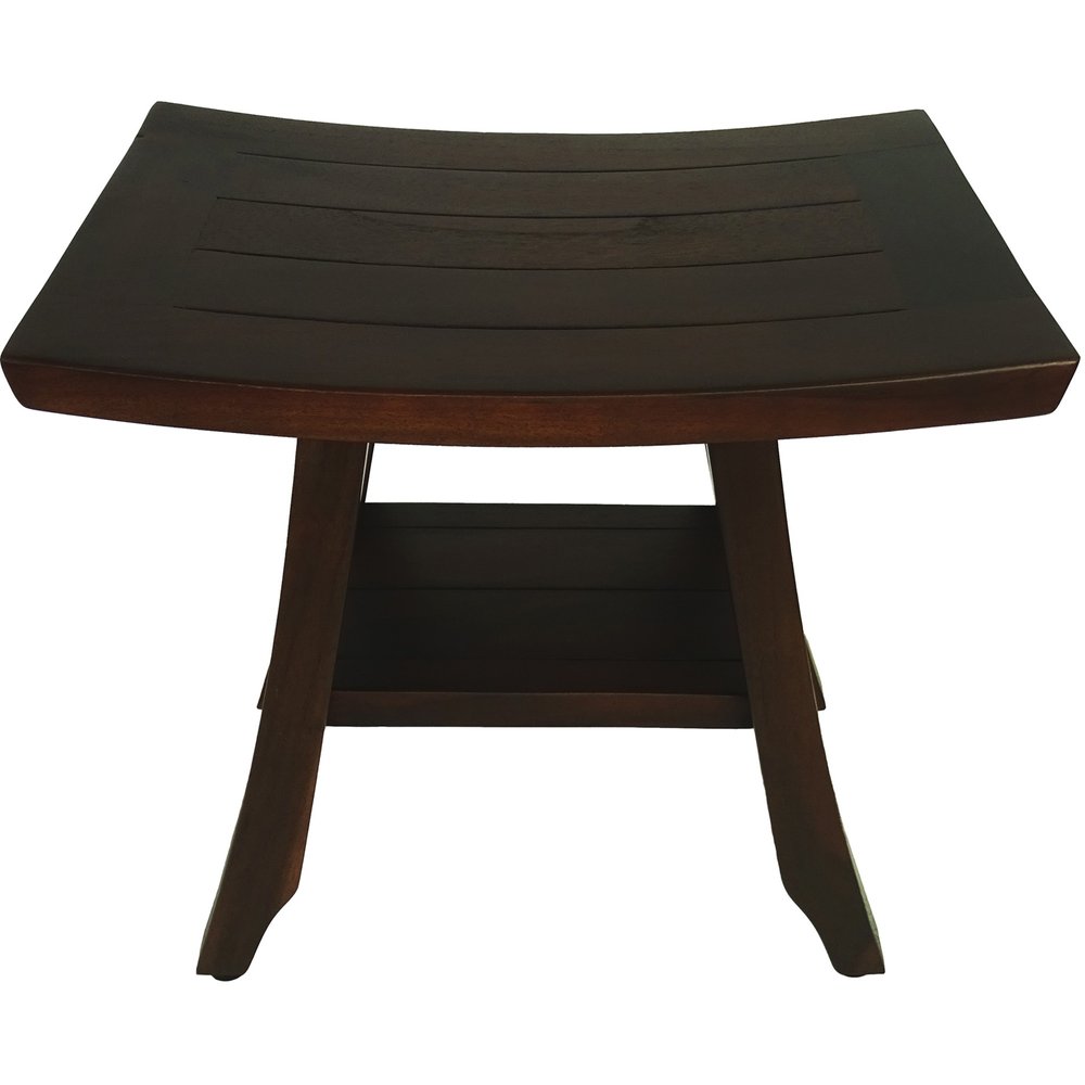 Compact Curvilinear Teak Shower Or Outdoor Bench With Shelf In Brown Finish HomeRoots