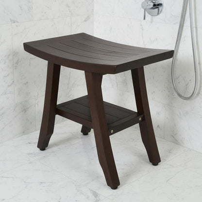 Compact Curvilinear Teak Shower Or Outdoor Bench With Shelf In Brown Finish HomeRoots