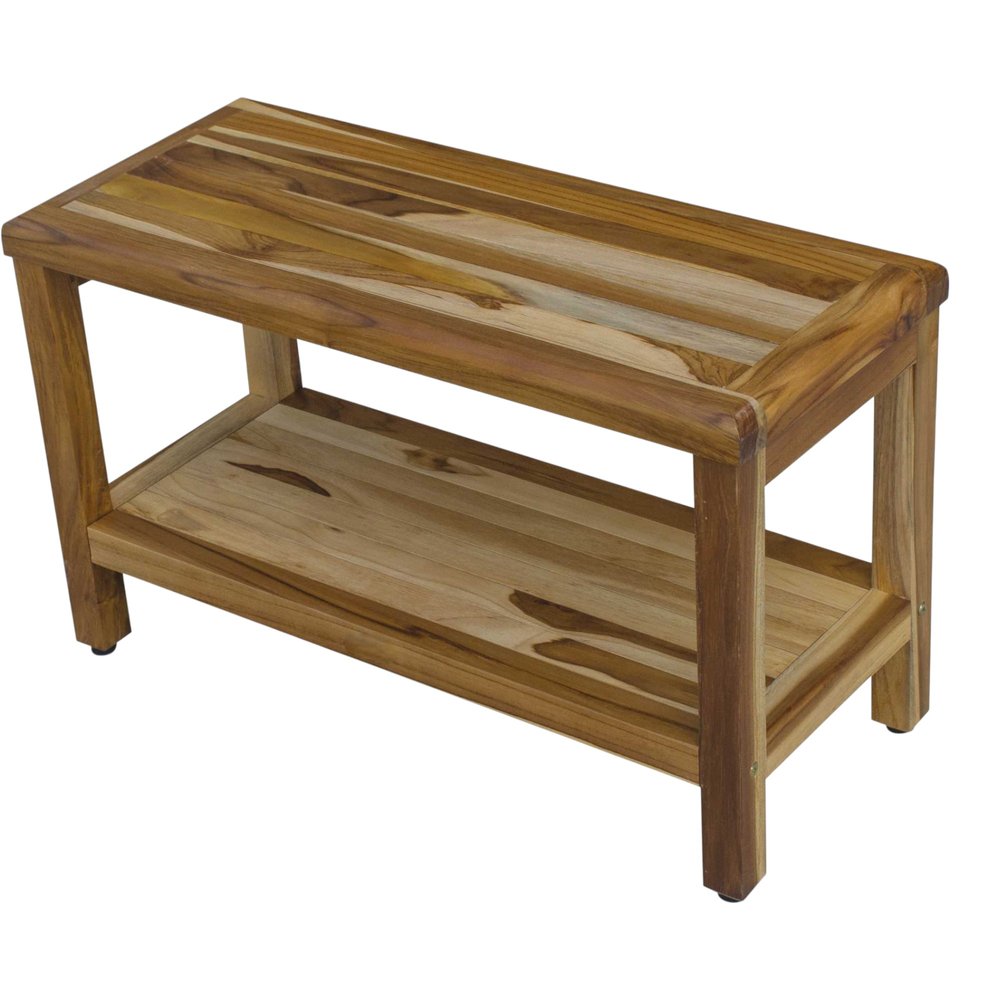 Rectangular Teak Shower Bench With Shelf In Natural Finish HomeRoots