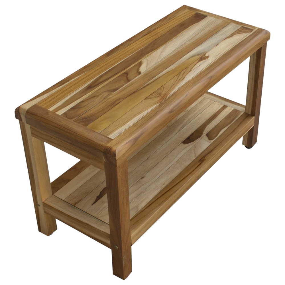 Rectangular Teak Shower Bench With Shelf In Natural Finish HomeRoots
