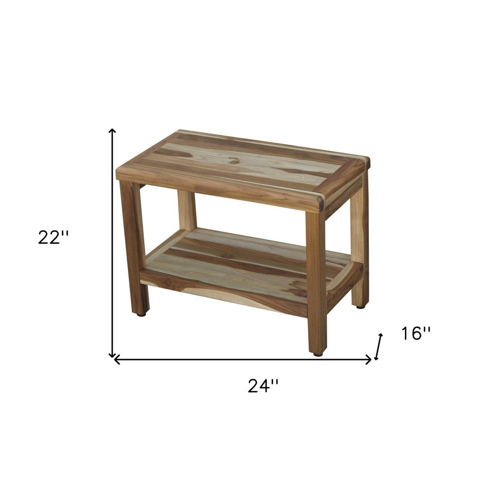 24" Natural Teak Rectangular Shower Bench With Shelf HomeRoots