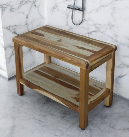 24" Natural Teak Rectangular Shower Bench With Shelf HomeRoots