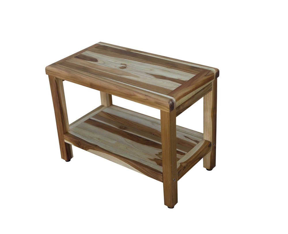 24" Natural Teak Rectangular Shower Bench With Shelf HomeRoots