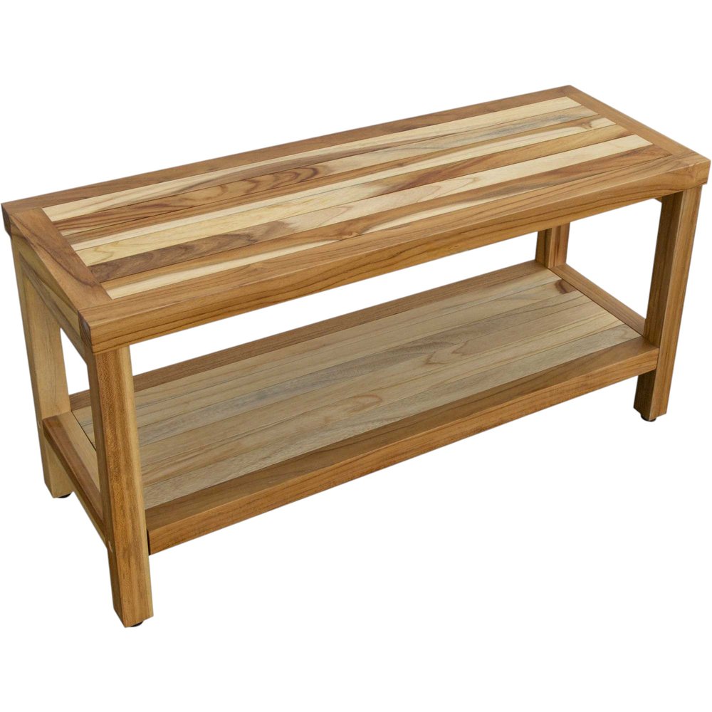36" Natural Solid Teak Rectangular Shower Bench With Shelf HomeRoots
