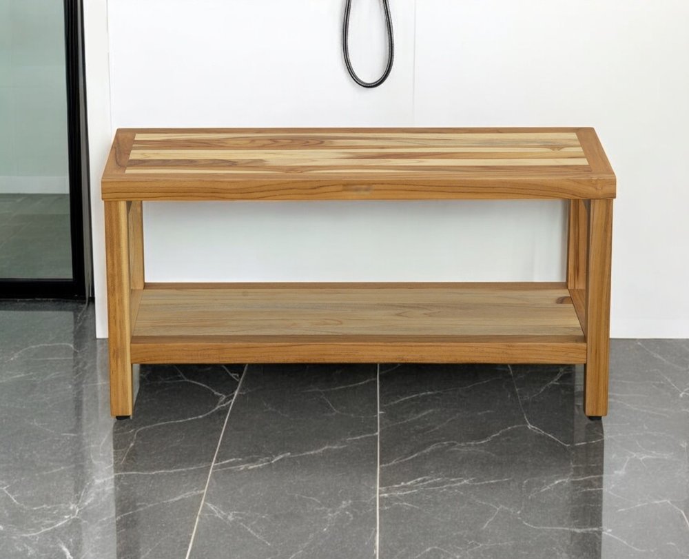 36" Natural Solid Teak Rectangular Shower Bench With Shelf HomeRoots