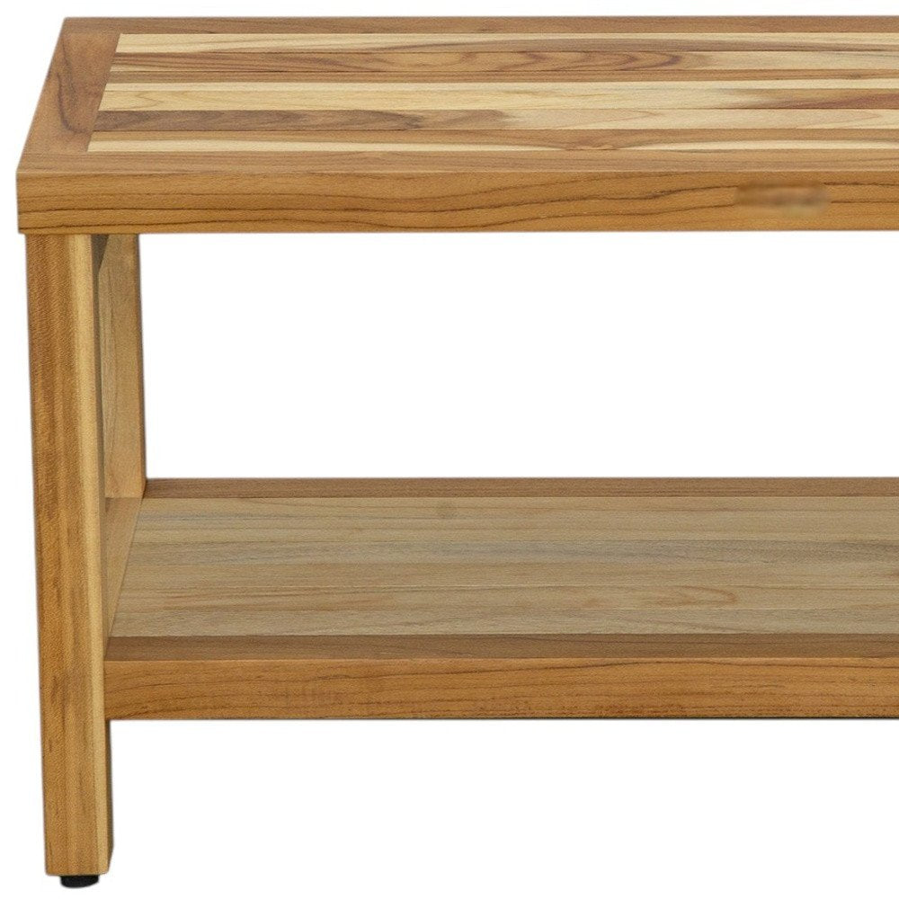 36" Natural Solid Teak Rectangular Shower Bench With Shelf HomeRoots
