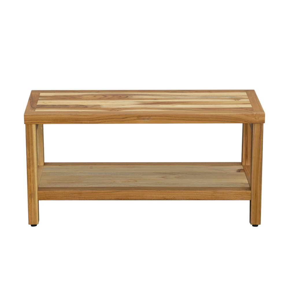 36" Natural Solid Teak Rectangular Shower Bench With Shelf HomeRoots