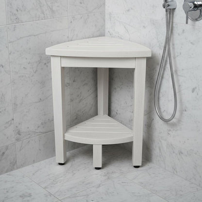 Compact Teak Corner Shower Stool With Shelf In Whitewash Finish HomeRoots