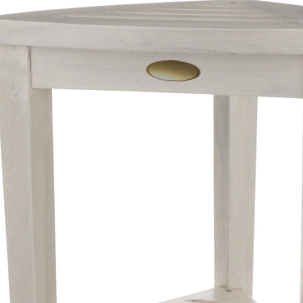 Compact Teak Corner Shower Stool With Shelf In Whitewash Finish HomeRoots