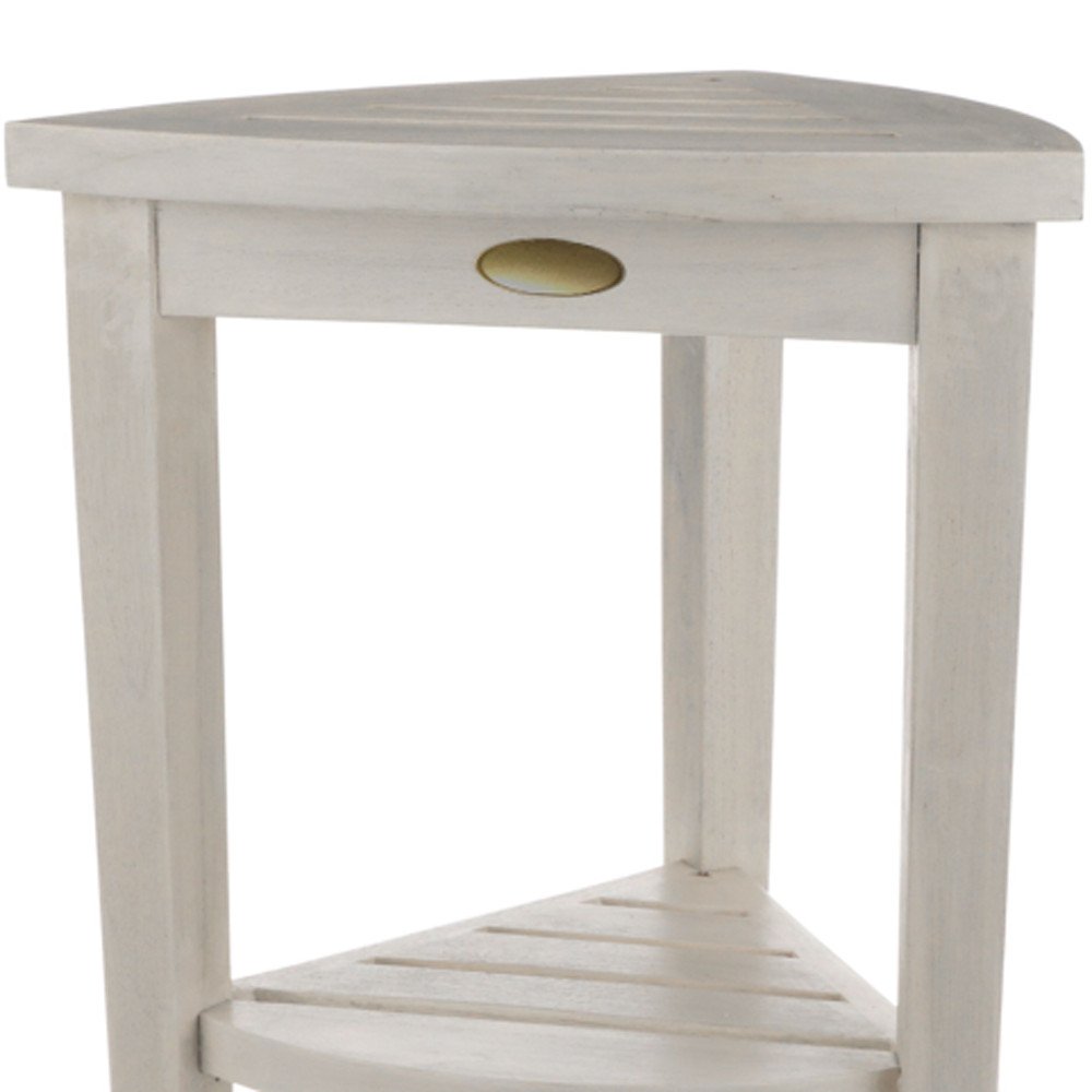 Compact Teak Corner Shower Stool With Shelf In Whitewash Finish HomeRoots