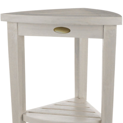 Compact Teak Corner Shower Stool With Shelf In Whitewash Finish HomeRoots