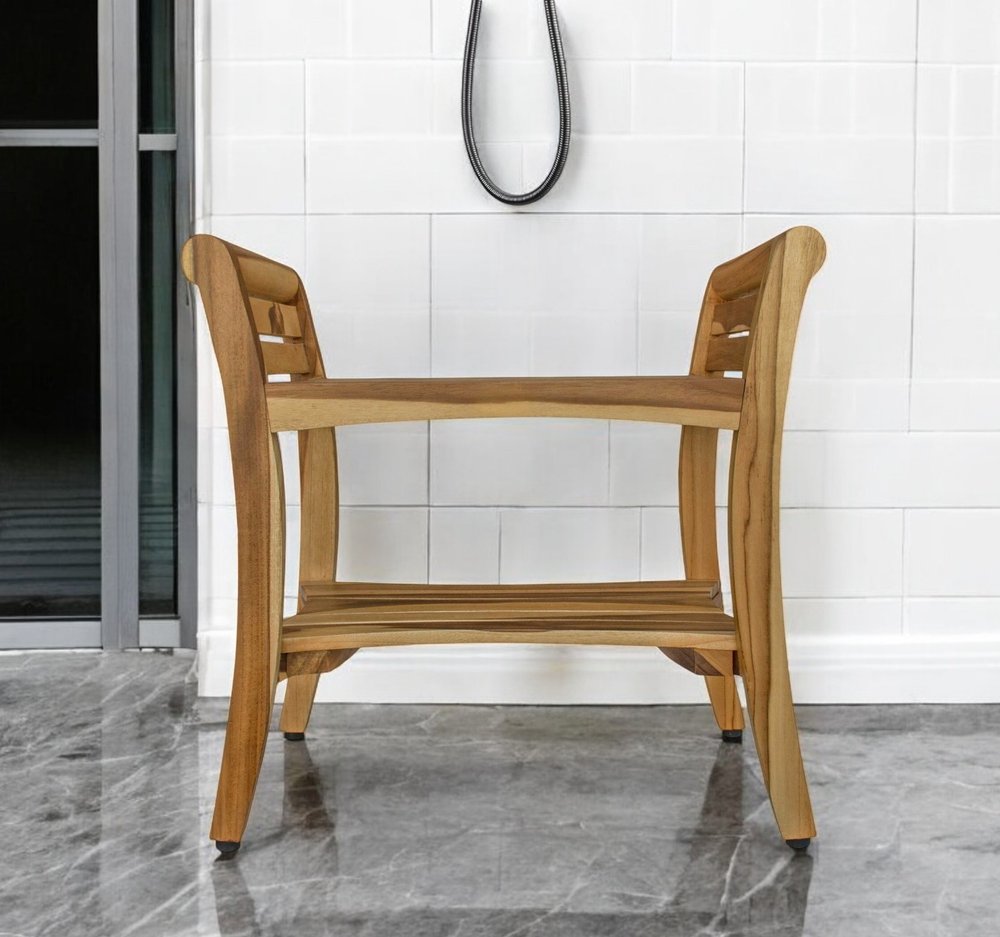 24" Natural Solid Teak Wood Shower Bench With Handles HomeRoots