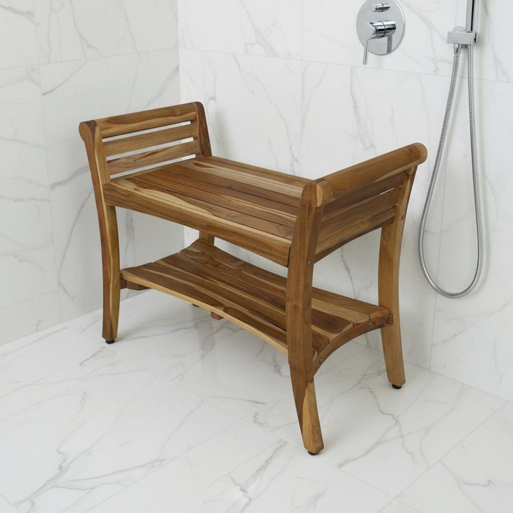 Rectangular Teak Shower Bench With Shelf And Handles In Naturalfinish HomeRoots